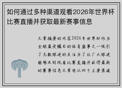 如何通过多种渠道观看2026年世界杯比赛直播并获取最新赛事信息